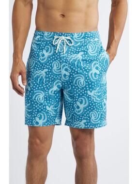 Johnnie-O Men's Swim Trunks Octopus Printed Stretch 7" Surf Shorts in Blue XL